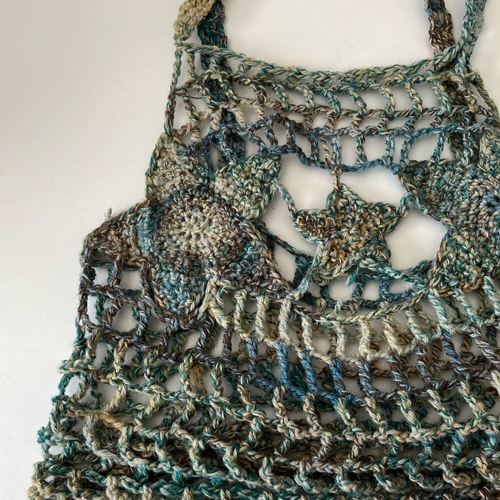 Crochet Knit Star Pattern Crop Tank Top Swim Cover Multicolor Blue Yellow - Picture 3 of 3